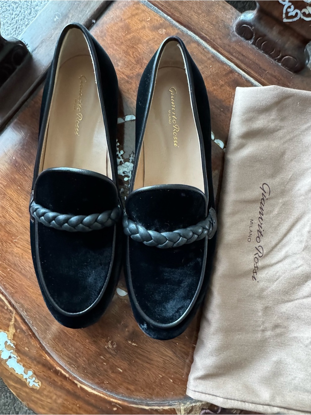 Gianvito Rossi Black Velvet Braided-Trim Loafers, No price tag